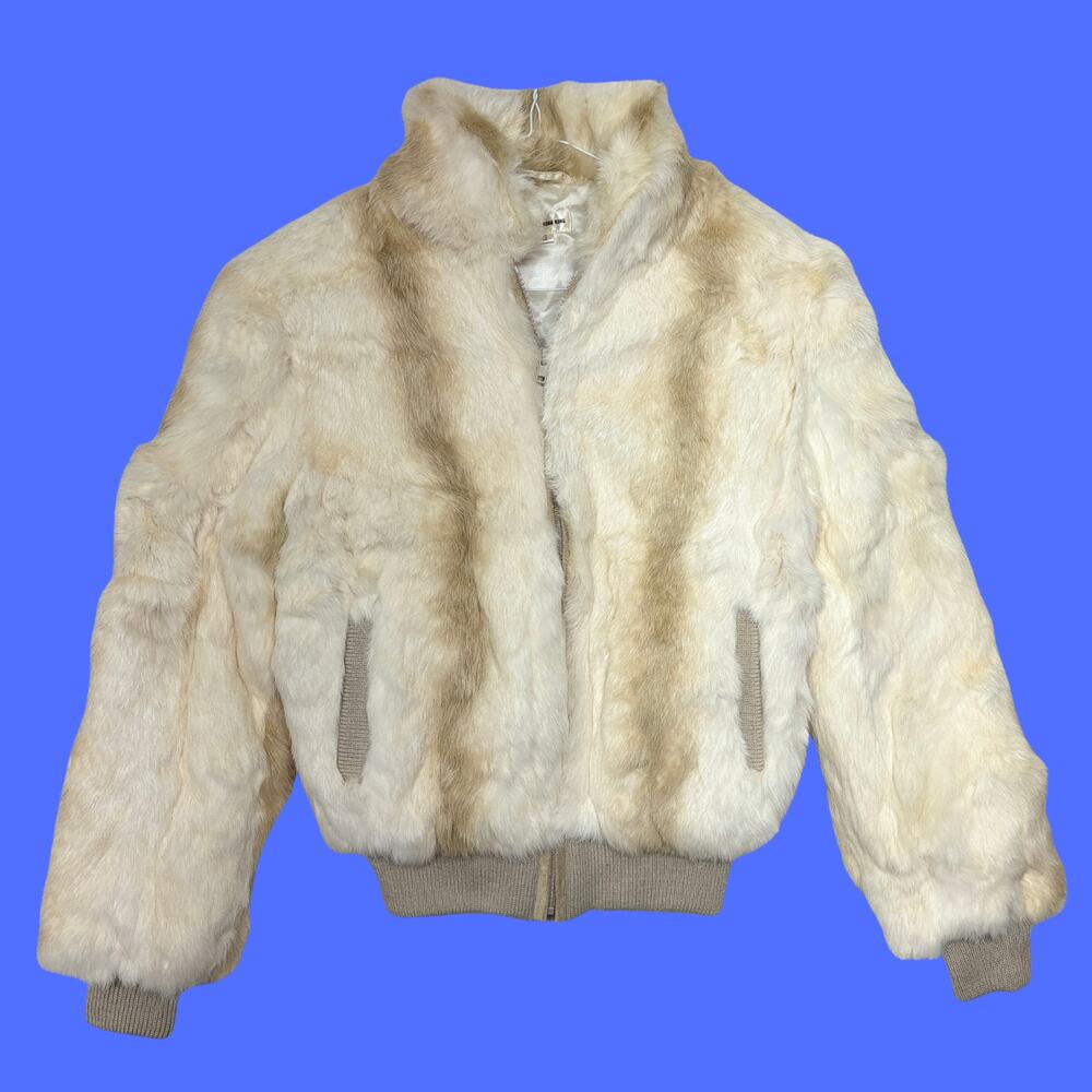 Vintage Deadstock Rabbit Fur Bomber Jacket Womens Small Cream/Tan 80s Hong Kong